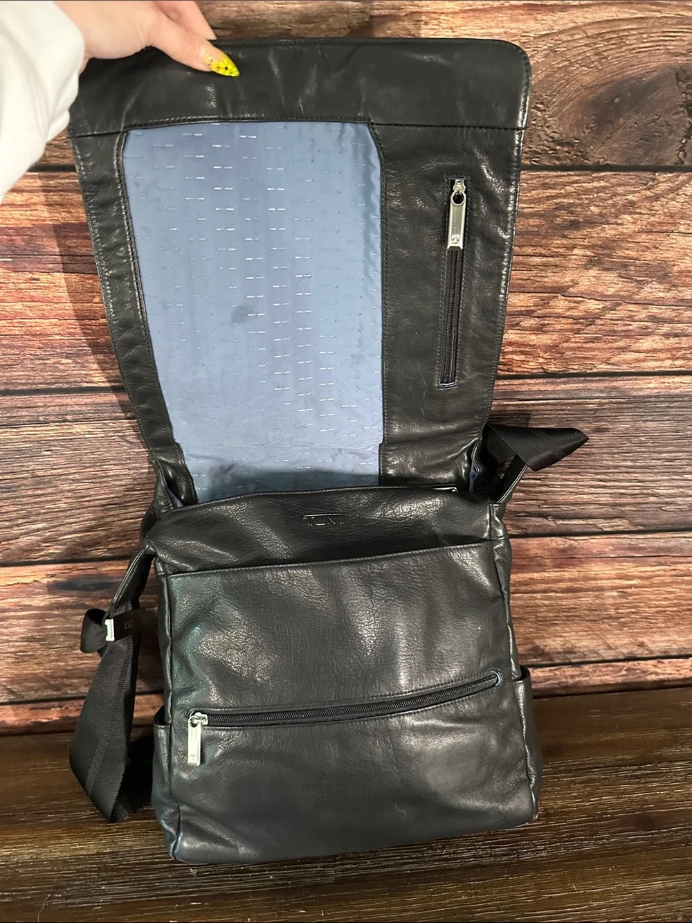 Tumi Black Leather Messenger Bag with Adjustable Strap